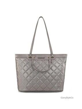 Quilted Vegan Leather Tote Bag Shoulder Handbag Top Zip Laptop